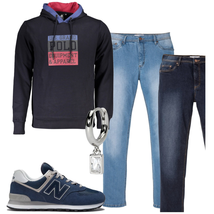 Outfit uomo - Felpa e jeans. Stile Casual per Tutti i giorni. Abbinamento con jeans dritti, orecchini, sneakers, felpe con cappuccio.