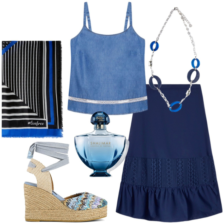 Outfit donna - Total look #1950928. Stile Casual per Tutti i giorni. Abbinamento con profumi, gonne lunghe, top, foulard, sandali col tacco, ciondoli.
