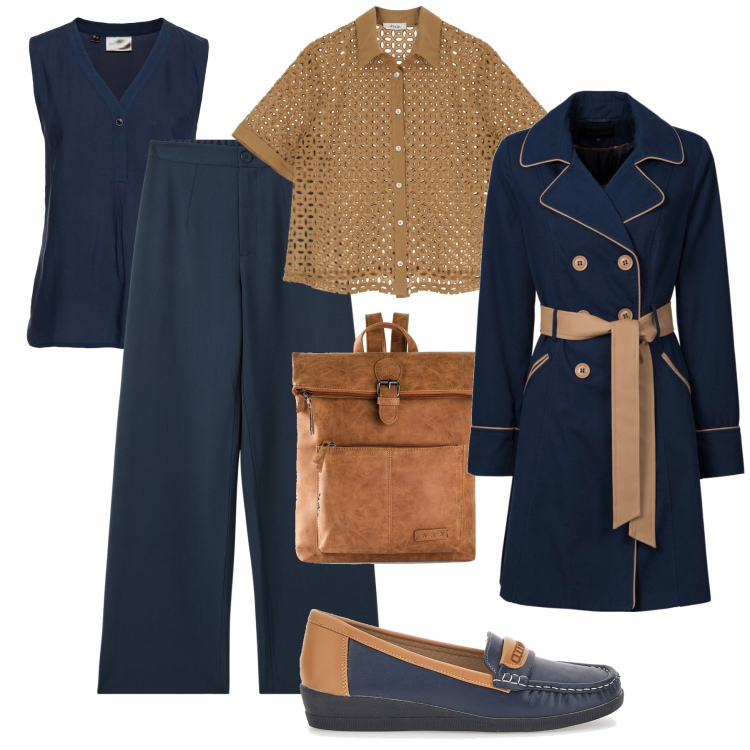 Outfit donna - Combo blu, cognac, cammello. Stile Trendy per Tutti i giorni. Abbinamento con trench, zaini, top, pantaloni, camicie a manica corta, mocassini.