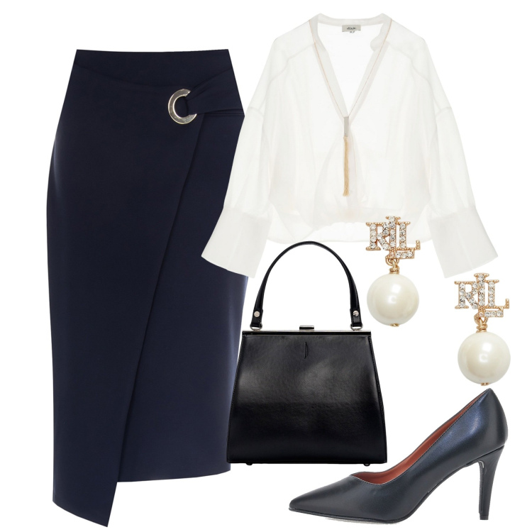 Outfit donna - In ufficio. Stile Chic per Ufficio. Abbinamento con gonne longuette, bluse, orecchini, décolleté, clutch.