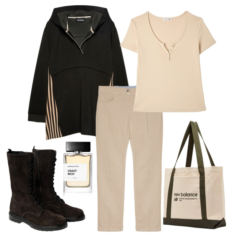 Outfit donna - Curvy Size!!!. Stile Military per Scuola/Università. Abbinamento con profumi, t-shirt, borse tote, felpe con cappuccio, pantaloni, stivaletti.