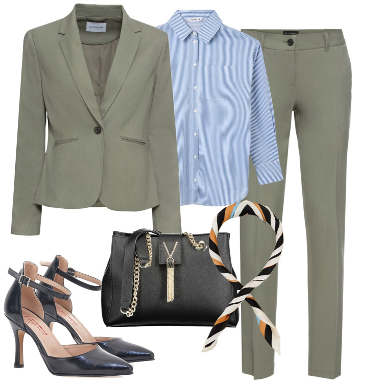 Outfit donna - Ufficio. Stile Bon Ton per Ufficio. Abbinamento con pantaloni, blazer, camicie, foulard, décolleté, borse a spalla.