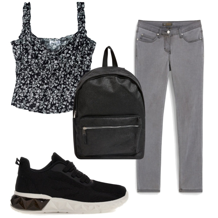 Outfit donna - Total look #1950994. Stile Trendy per Tutti i giorni. Abbinamento con jeans slim fit, top, zaini, sneakers.
