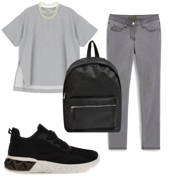 Outfit donna - Total look #1950996. Stile Basic per Tutti i giorni. Abbinamento con jeans slim fit, zaini, t-shirt, sneakers.