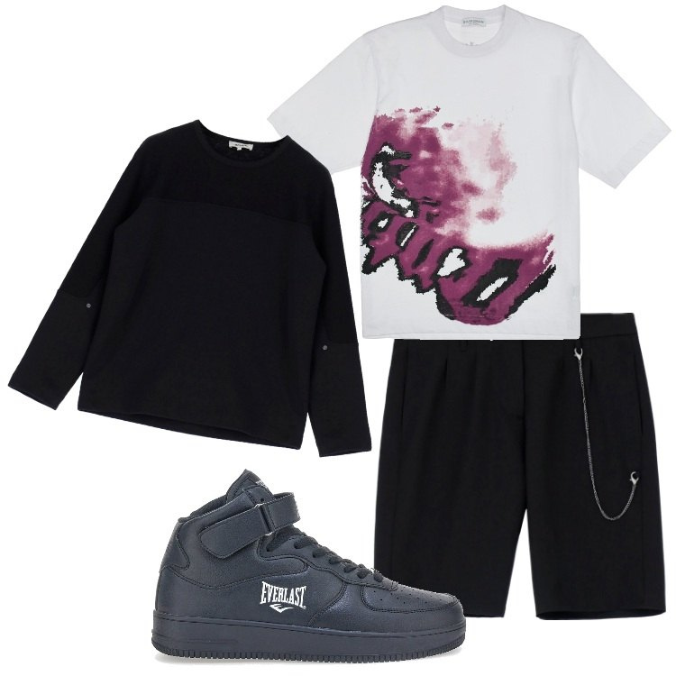 Outfit uomo - Pomeriggio con lo skateboard. Stile Urban per Tutti i giorni. Abbinamento con felpe, bermuda, t-shirt, sneakers.