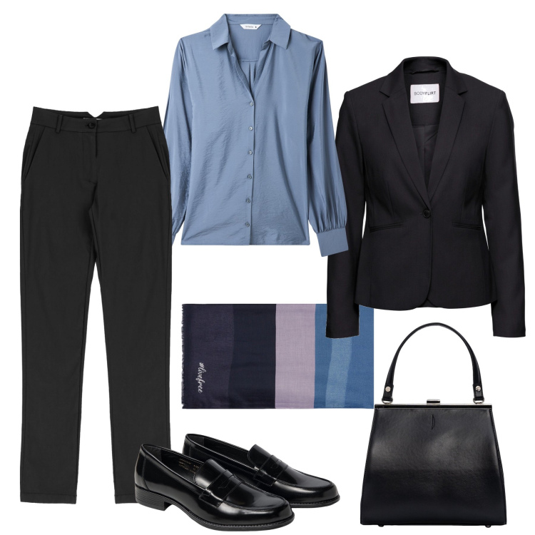 Outfit donna - Total black con la camicia avio. Stile Mannish per Ufficio. Abbinamento con blazer, camicie, pantaloni skinny, mocassini, sciarpe, clutch.