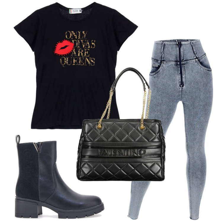Outfit donna - Total look #1951012. Stile Basic per Tutti i giorni. Abbinamento con t-shirt, jeans skinny, stivaletti chelsea, borse a spalla.