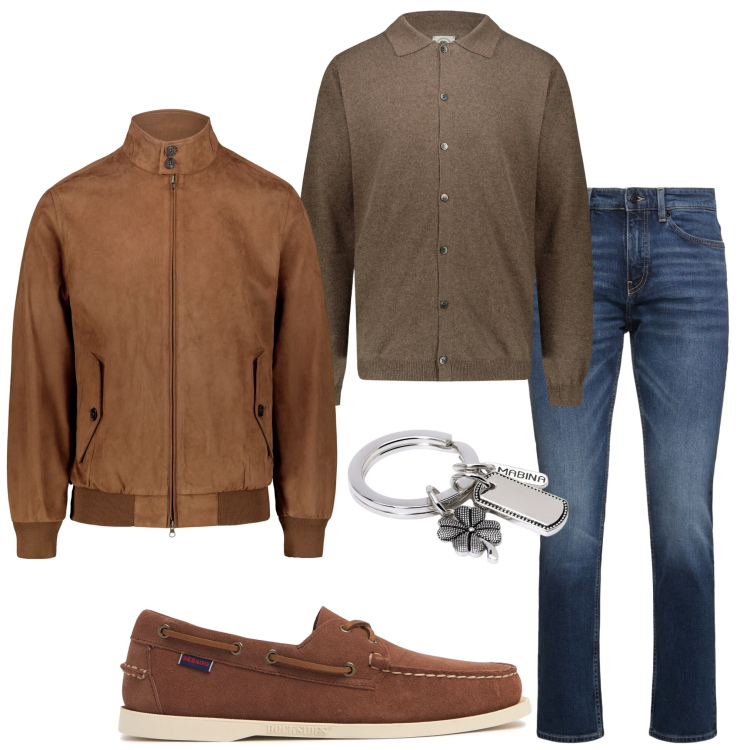 Outfit uomo - In ufficio. Stile Urban per Ufficio. Abbinamento con portachiavi, polo, giacche, jeans, scarpe stringate.