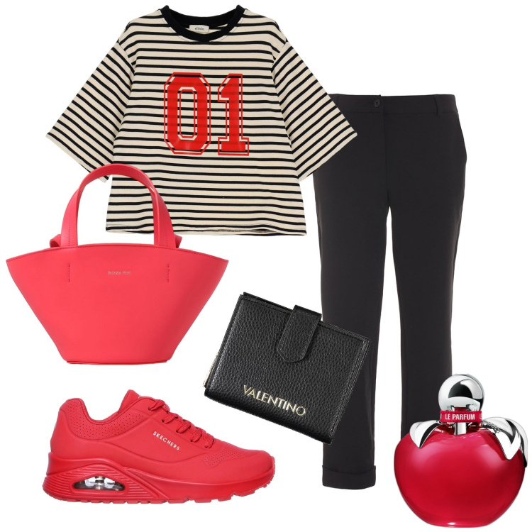Outfit donna - Total look #1951036. Stile Casual per Tutti i giorni. Abbinamento con profumi, t-shirt, pantaloni, sneakers, borse a spalla, portafogli.