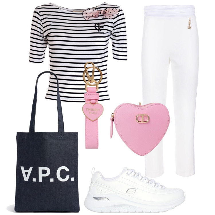 Outfit donna - Total look #1951039. Stile Casual chic per Tutti i giorni. Abbinamento con t-shirt, pantaloni, sneakers, shopping bag, portamonete, portachiavi.