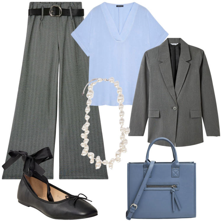 Outfit donna - Over size in ufficio. Stile Casual chic per Ufficio. Abbinamento con blazer, pantaloni, shopping bag, ballerine, bluse, collane.