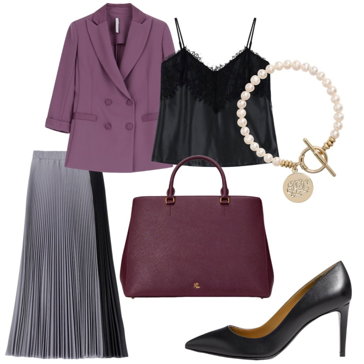 Outfit donna - In ufficio con IMPERIAL. Stile Bon Ton per Ufficio. Abbinamento con gonne lunghe, top, blazer, borse a mano, braccialetti, décolleté.