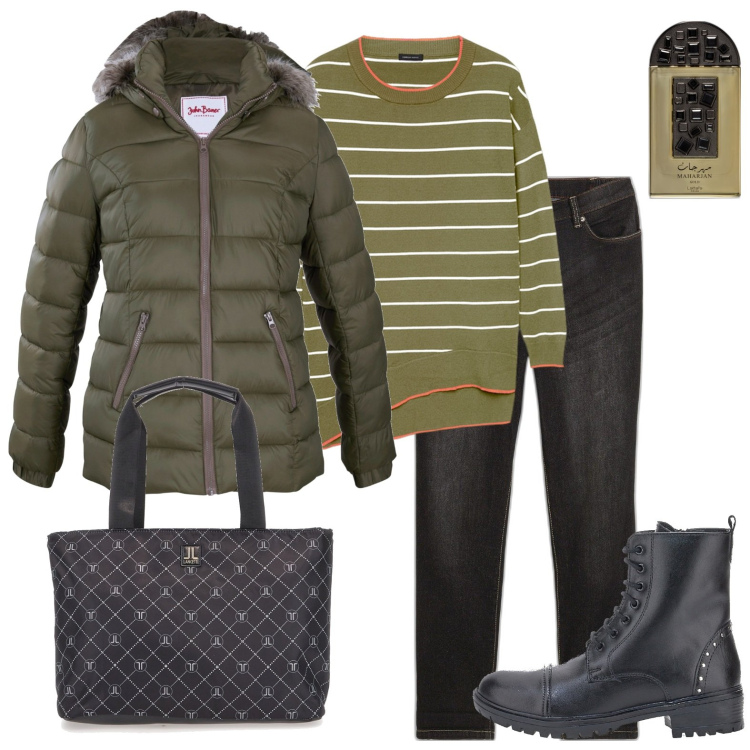 Outfit donna - Non ci sono più le mezze stagioni. Stile Casual per Tutti i giorni. Abbinamento con piumini, jeans boyfriend, profumi, anfibi, maglieria, borse a spalla.