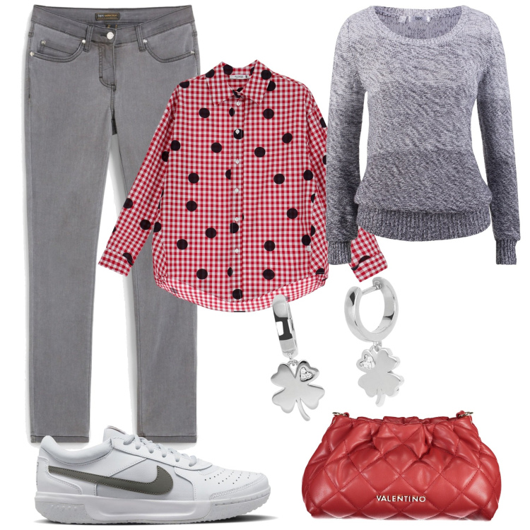 Outfit donna - Una giornata di settembre. Stile Casual per Tutti i giorni. Abbinamento con maglieria, jeans slim fit, orecchini, camicie, sneakers, borse a mano.