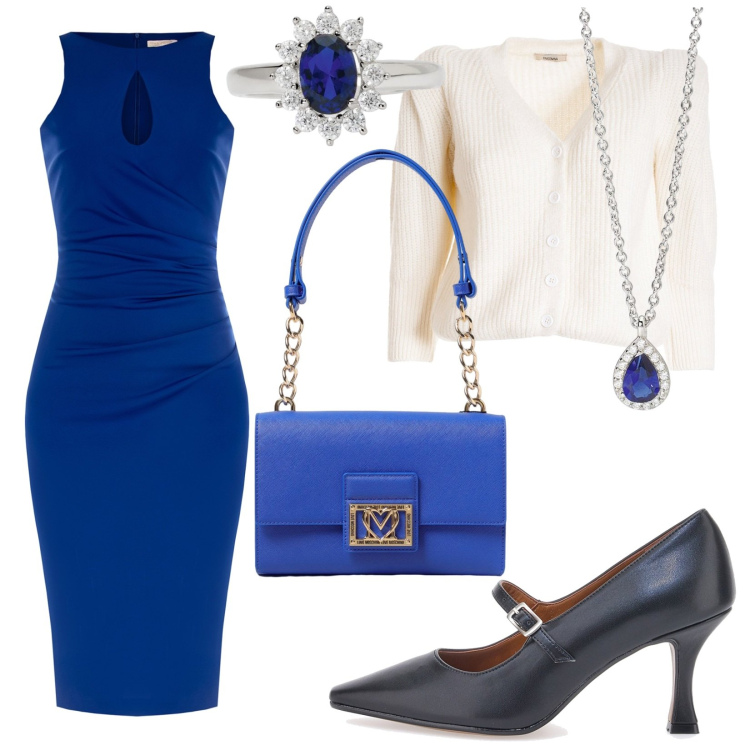 Outfit donna - Total look #1951073. Stile Glamour per Ufficio. Abbinamento con anelli, collane, vestiti midi/longuette, cardigans, décolleté, borse a spalla.