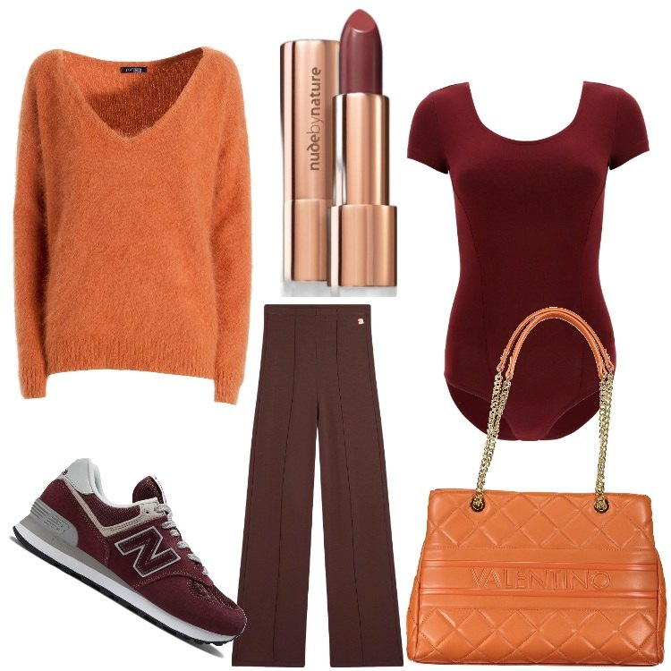 Outfit donna - Arancio in autunno. Stile Casual chic per Tutti i giorni. Abbinamento con rossetti, sneakers, maglieria, body, pantaloni, borse a spalla.