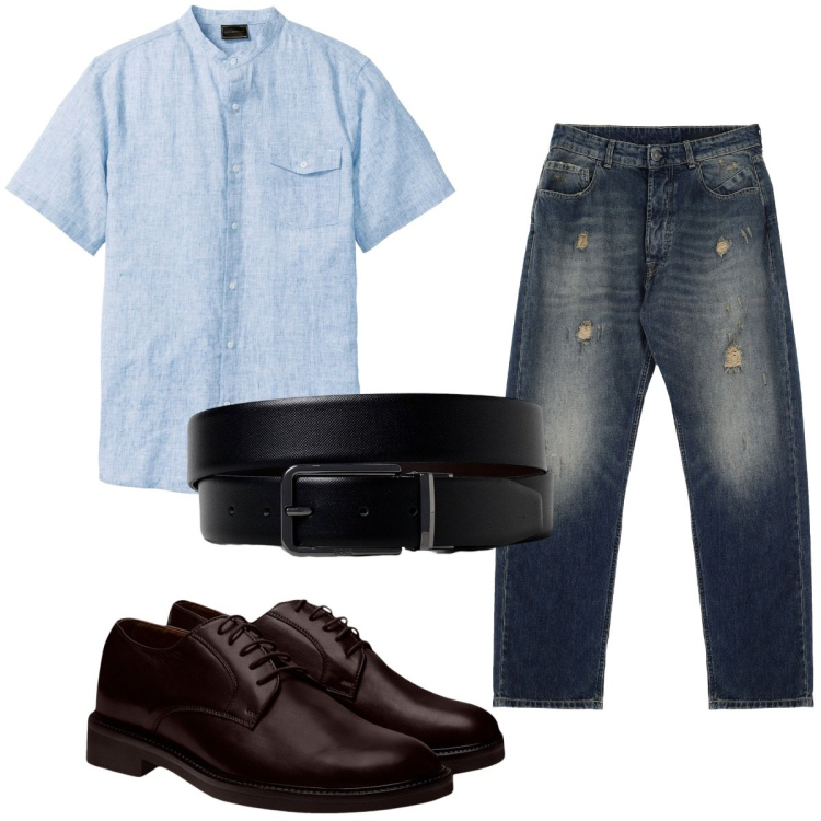 Outfit uomo - Total look #1951109. Stile Casual per Tutti i giorni. Abbinamento con camicie a manica corta, jeans strappati, scarpe stringate, cinture.