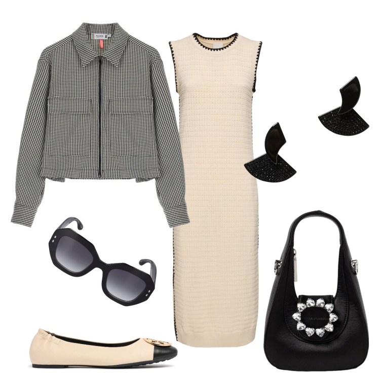 Outfit donna - Una diva bon ton. Stile Bon Ton per Tutti i giorni. Abbinamento con blazer, ballerine, occhiali da sole, orecchini, borse a mano, vestiti midi/longuette.
