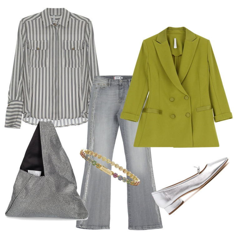 Outfit donna - Il blazer colorato. Stile Casual chic per Tutti i giorni. Abbinamento con braccialetti, jeans a zampa, camicie, blazer, borse a spalla, scarpe col tacco.