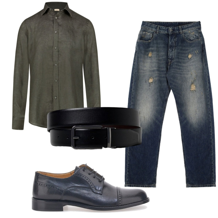 Outfit uomo - Total look #1951135. Stile Casual per Tutti i giorni. Abbinamento con jeans strappati, scarpe stringate, camicie, cinture.