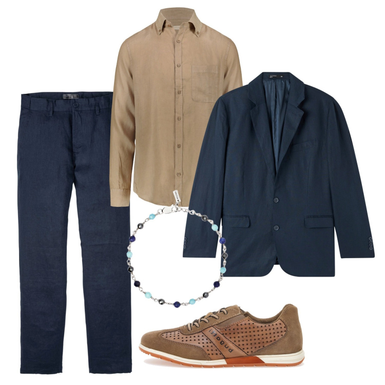 Outfit uomo - Aperitivo post lavoro. Stile Casual per Tutti i giorni. Abbinamento con pantaloni, giacche, braccialetti, camicie, scarpe stringate.