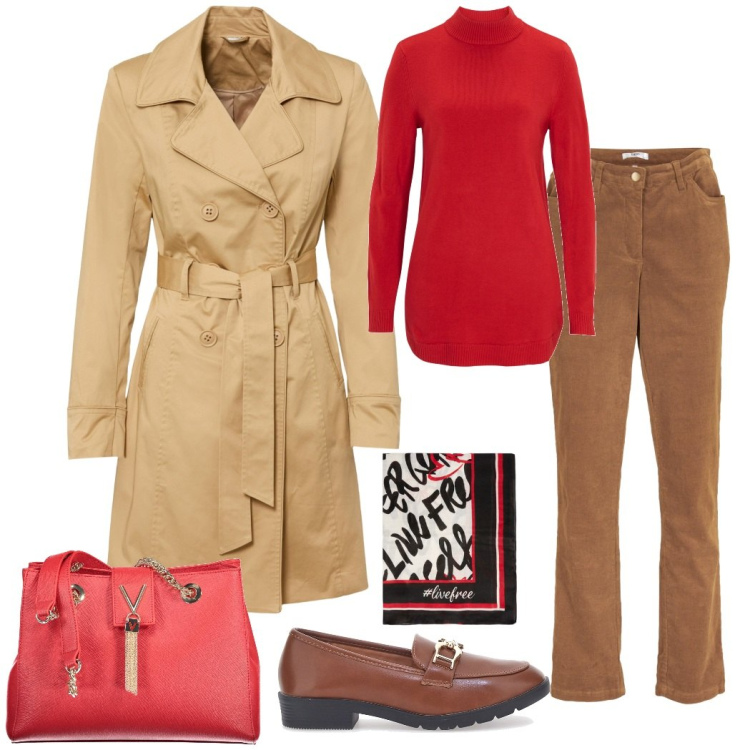 Outfit donna - Trench in autunno. Stile Casual chic per Tutti i giorni. Abbinamento con pantaloni, trench, maglieria, mocassini, borse a spalla, foulard.