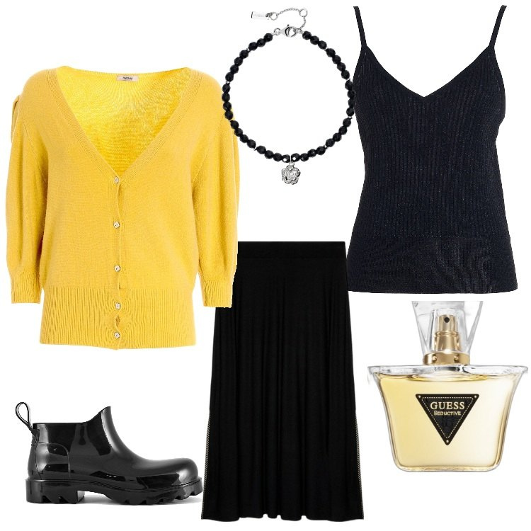 Outfit donna - A tutto sprint. Stile Basic per Tutti i giorni. Abbinamento con profumi, braccialetti, cardigans, canottiere, stivali, gonne lunghe.