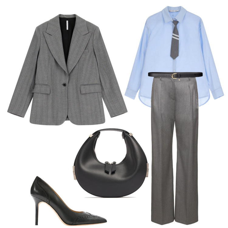 Outfit donna - Mr Grey. Stile Mannish per Ufficio. Abbinamento con camicie, blazer, cinture, décolleté, pantaloni, borse a mano.