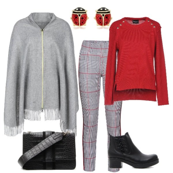 Outfit donna - Trendy #25715. Stile Trendy per Tutti i giorni. Abbinamento con pantalone con bande laterali a quadri, pullover spacchi laterali lavorato a maglia collo tondo a maniche lunghe tinta unita, mantella sport multicolore e grigio, stivaletti con plateau made italy con tacco squadrato e zip nero, borsa a tracolla con manico e stampa, orecchini in oro giallo.