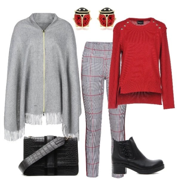 Outfit donna - Trendy #25715. Stile Trendy per Tutti i giorni. Abbinamento con pantalone con bande laterali a quadri, pullover spacchi laterali lavorato a maglia collo tondo a maniche lunghe tinta unita, mantella sport multicolore e grigio, stivaletti con plateau made italy con tacco squadrato e zip nero, borsa a tracolla con manico e stampa, orecchini in oro giallo.