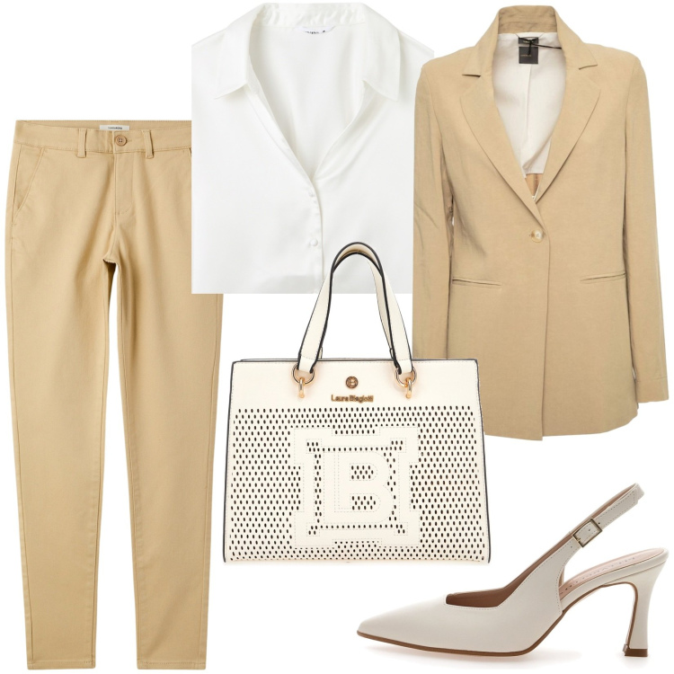 Outfit donna - Donna in carriera. Stile Chic per Ufficio. Abbinamento con pantaloni chino, camicie, décolleté, blazer, borse a mano.