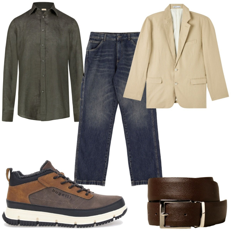 Outfit uomo - Aperitivo in jeans con i colleghi. Stile Casual per Tutti i giorni. Abbinamento con giacche, jeans, camicie, cinture, stivali e stivaletti.