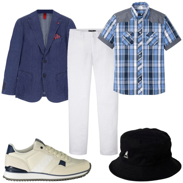 Outfit uomo - Stasera trendy!. Stile Trendy per Tutti i giorni. Abbinamento con camicie a manica corta, pantaloni, giacche, sneakers, cappelli.