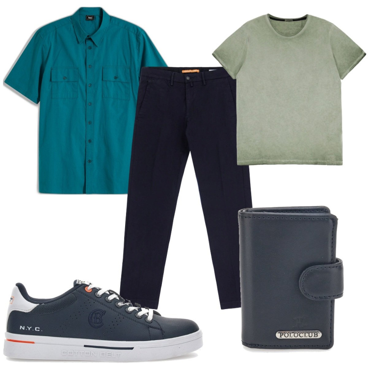 Outfit uomo - Total look #1951249. Stile Casual per Tutti i giorni. Abbinamento con camicie a manica corta, t-shirt, pantaloni, portafogli, sneakers.