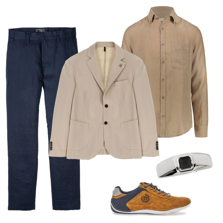 Outfit uomo - Aperitivo post lavoro. Stile Casual per Ufficio. Abbinamento con pantaloni, anelli, giacche, scarpe stringate, camicie.