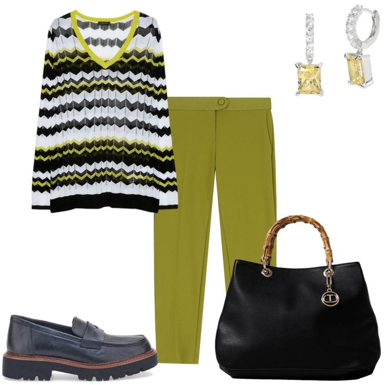 Outfit donna - Anche io mi vesto come voglio. Stile Trendy per Tutti i giorni. Abbinamento con orecchini, pantaloni, mocassini, borse a mano, maglieria.