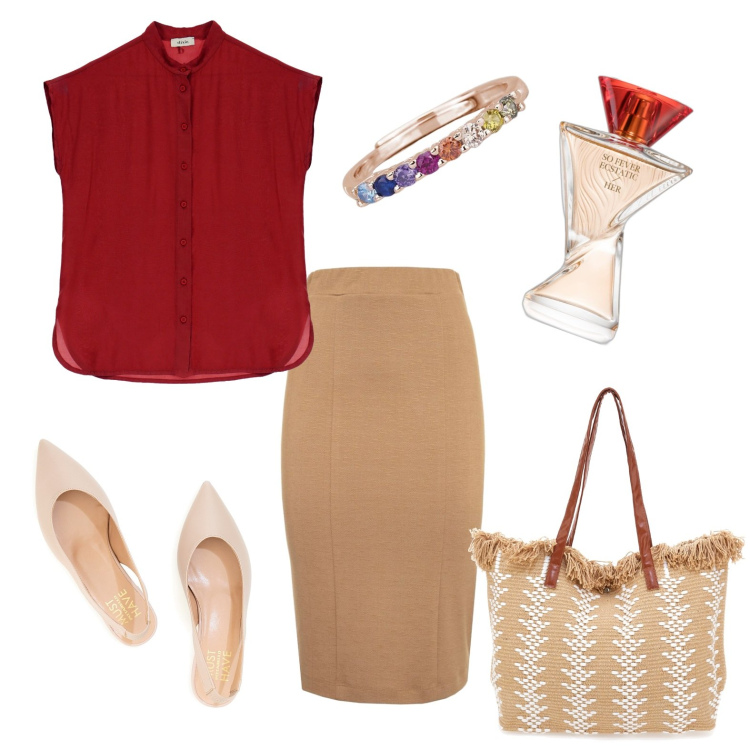 Outfit donna - Blusa rossa e gonna cammello. Stile Basic per Ufficio. Abbinamento con profumi, anelli, camicie, gonne lunghe, ballerine, borse a spalla.
