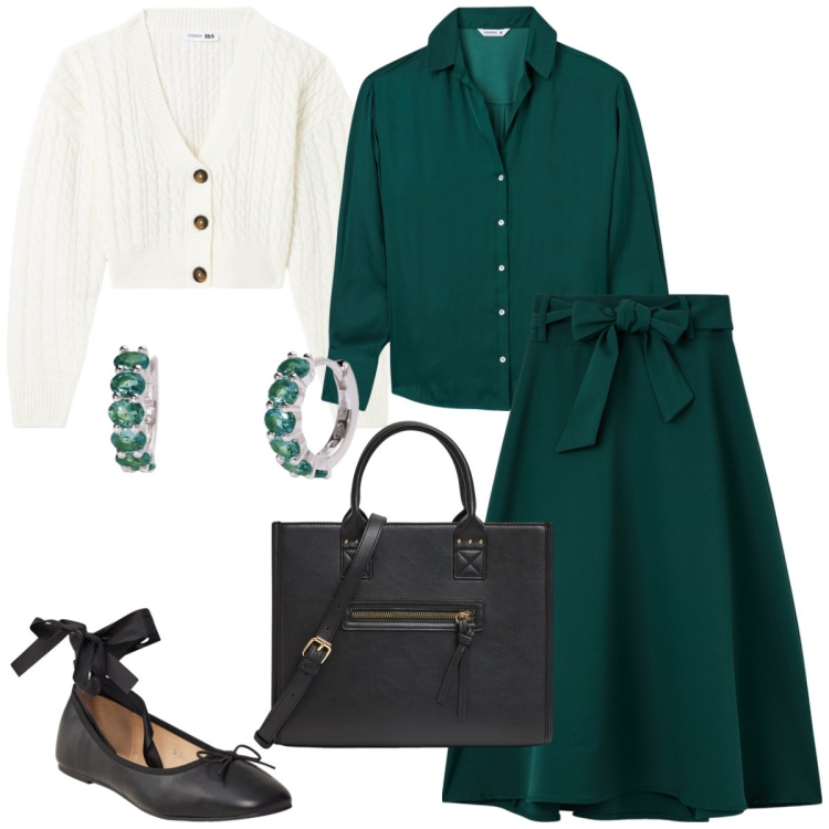 Outfit donna - Total look #1951296. Stile Preppy per Tutti i giorni. Abbinamento con shopping bag, gonne lunghe, camicie, ballerine, cardigans, orecchini.