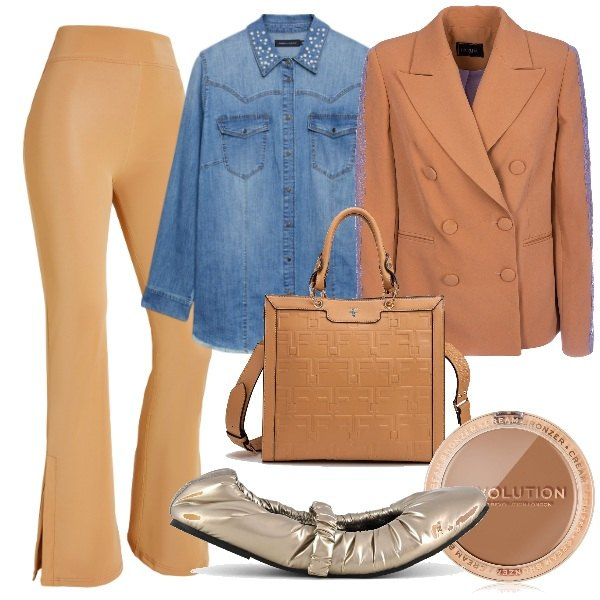 Outfit donna - marrone bruciato. Stile 70s per Ufficio. Abbinamento con terre, blazer, borse tote, pantaloni, ballerine, camicie.