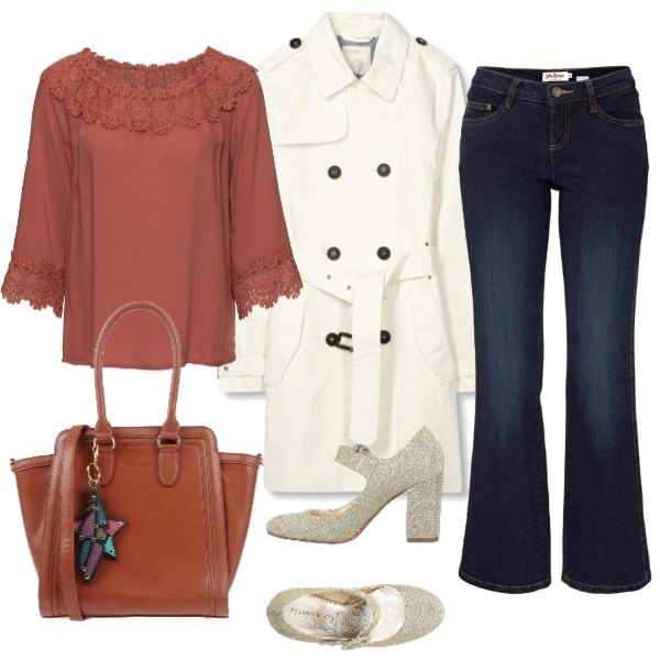 Outfit donna - Trench doppiopetto e jeans flare. Stile Trendy per Tutti i giorni. Abbinamento con jeans bootcut, blusa, borsa taglia media con zip tinta unita, décolleté effetto laminato con tacco geometrico e fibbia con punta tonda in tessuto tecnico tinta unita, giubbotto bianco.