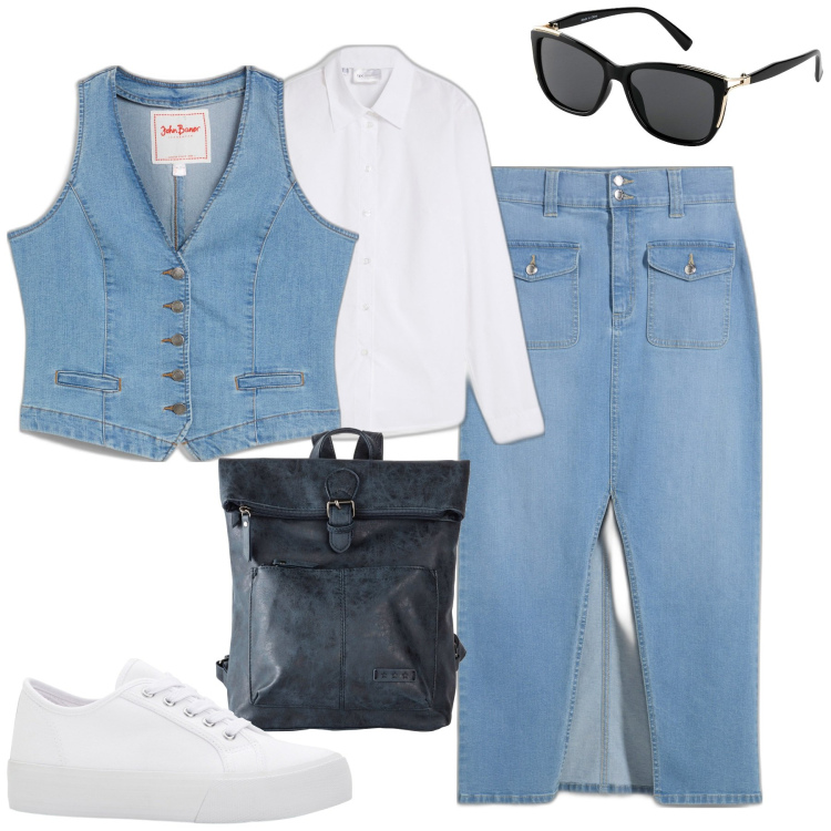Outfit donna - Bonprix denim. Stile Urban per Tutti i giorni. Abbinamento con gilet, camicie, sneakers, occhiali da sole, zaini, gonne lunghe.