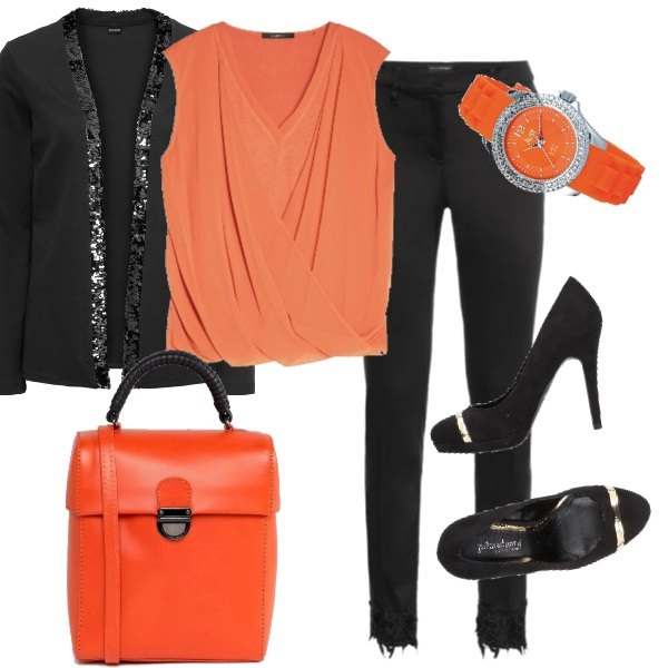 Outfit donna - Trendy #25717. Stile Trendy Abbinamento con blazer con paillettes jersey nero, pantalone con pizzo nero, décolleté contrasto effetto scamosciato con tacco spillo e punta tonda in pelle sintetica tinta unita, camicia arancione, borsa a tracolla con manico e spalline con zip in denim con tasca interna, orologio analogico con strass e cinturino arancione.