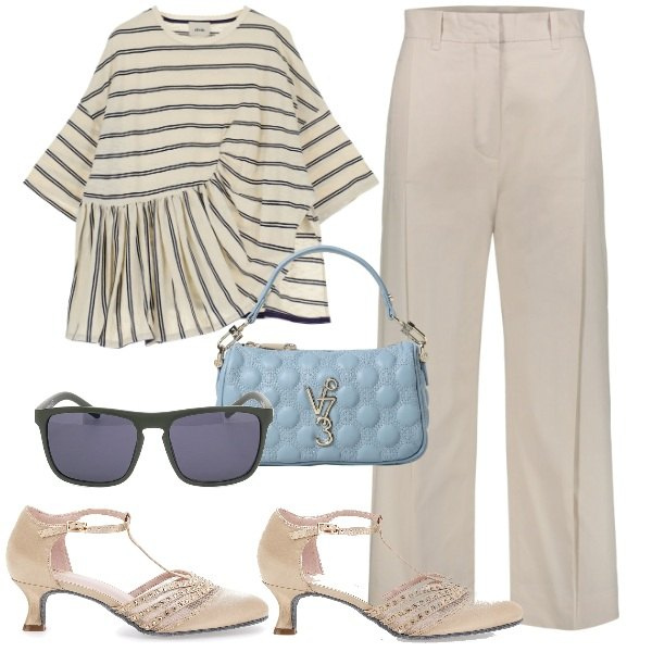 Outfit donna - Buon rientro. Stile Bon Ton per Ufficio. Abbinamento con camicie, décolleté, pantaloni, borse a mano, occhiali da sole.