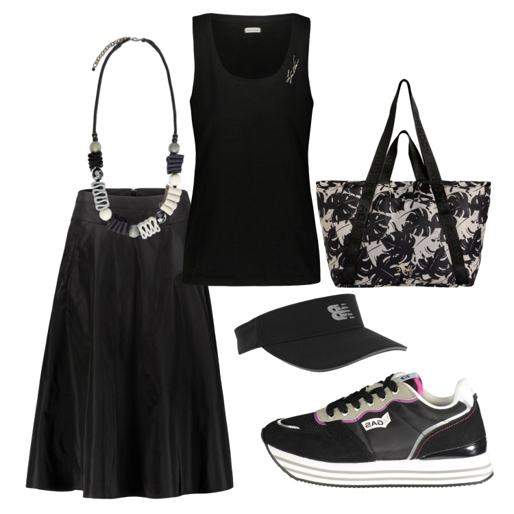 Outfit donna - Total look #1951342. Stile Sporty chic per Tutti i giorni. Abbinamento con cappelli con visiera, shopping bag, gonne, sneakers, canottiere, collane.
