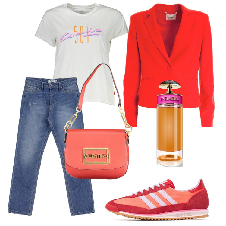 Outfit donna - September. Stile Casual chic per Tutti i giorni. Abbinamento con profumi, blazer, jeans dritti, t-shirt, sneakers, borse a spalla.