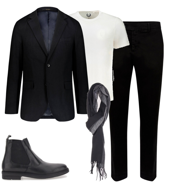 Outfit uomo - Fall in black. Stile Business/Elegante per Tutti i giorni. Abbinamento con giacche, pantaloni chino, sciarpe, t-shirt, stivali e stivaletti.
