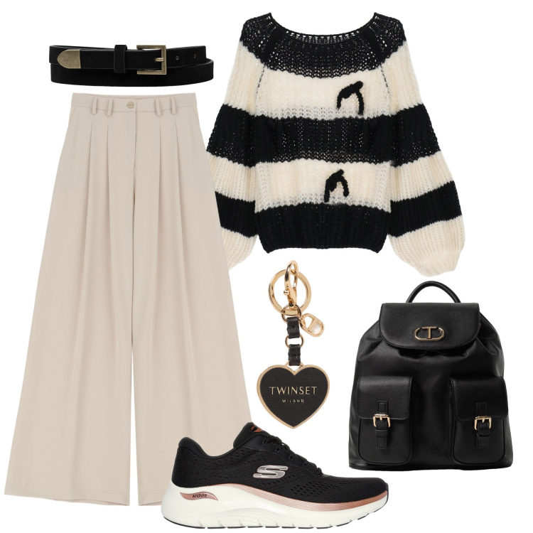 Outfit donna - Città a settembre. Stile Urban per Tutti i giorni. Abbinamento con maglieria, pantaloni, sneakers, zaini, cinture, portachiavi.
