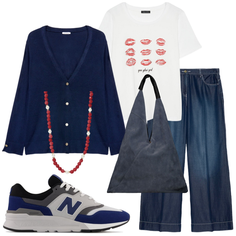 Outfit donna - Rientro in ufficio. Stile Casual chic per Ufficio. Abbinamento con collane, sneakers, pantaloni, cardigans, borse a spalla, t-shirt.