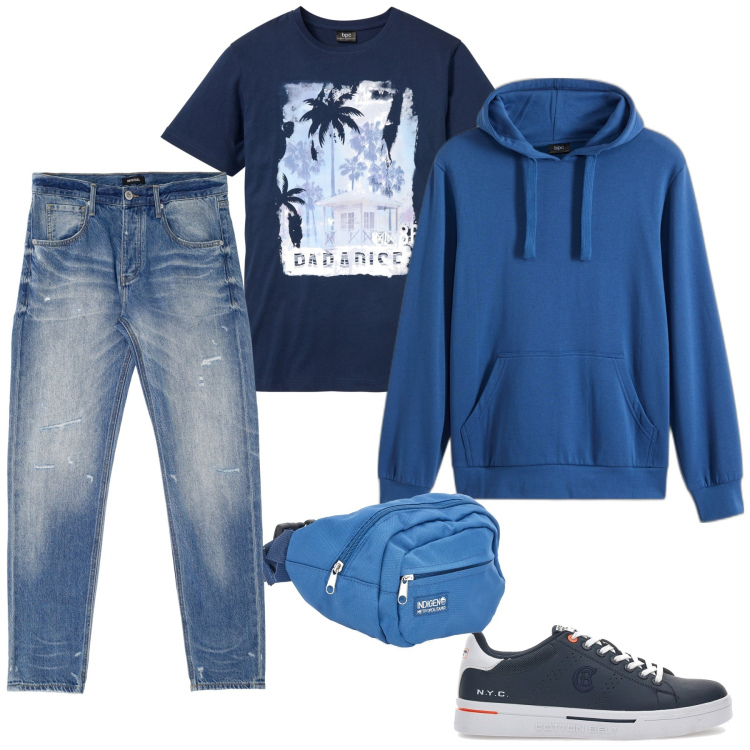 Outfit uomo - Super saldi. Stile Urban per Tutti i giorni. Abbinamento con felpe con cappuccio, t-shirt, jeans dritti, borse sportive, sneakers.