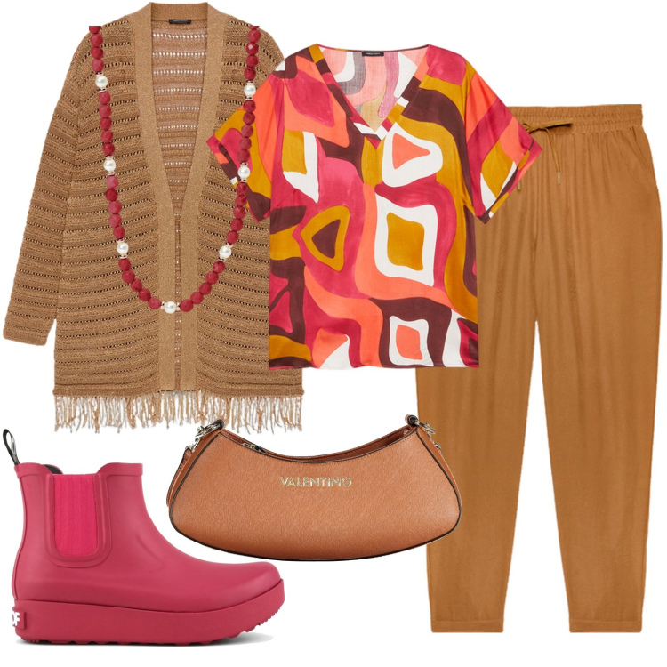 Outfit donna - Arcobaleno autunnale. Stile Bon Ton per Tutti i giorni. Abbinamento con collane, stivali, cardigans, bluse, pantaloni, borse a spalla.